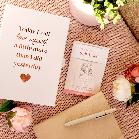Self-Love_Gift_Set - book box with affirmation "Today I will love myself a little more than I did yesterday", Self-love journal prompts book, beige faux leather notebook, beige pen