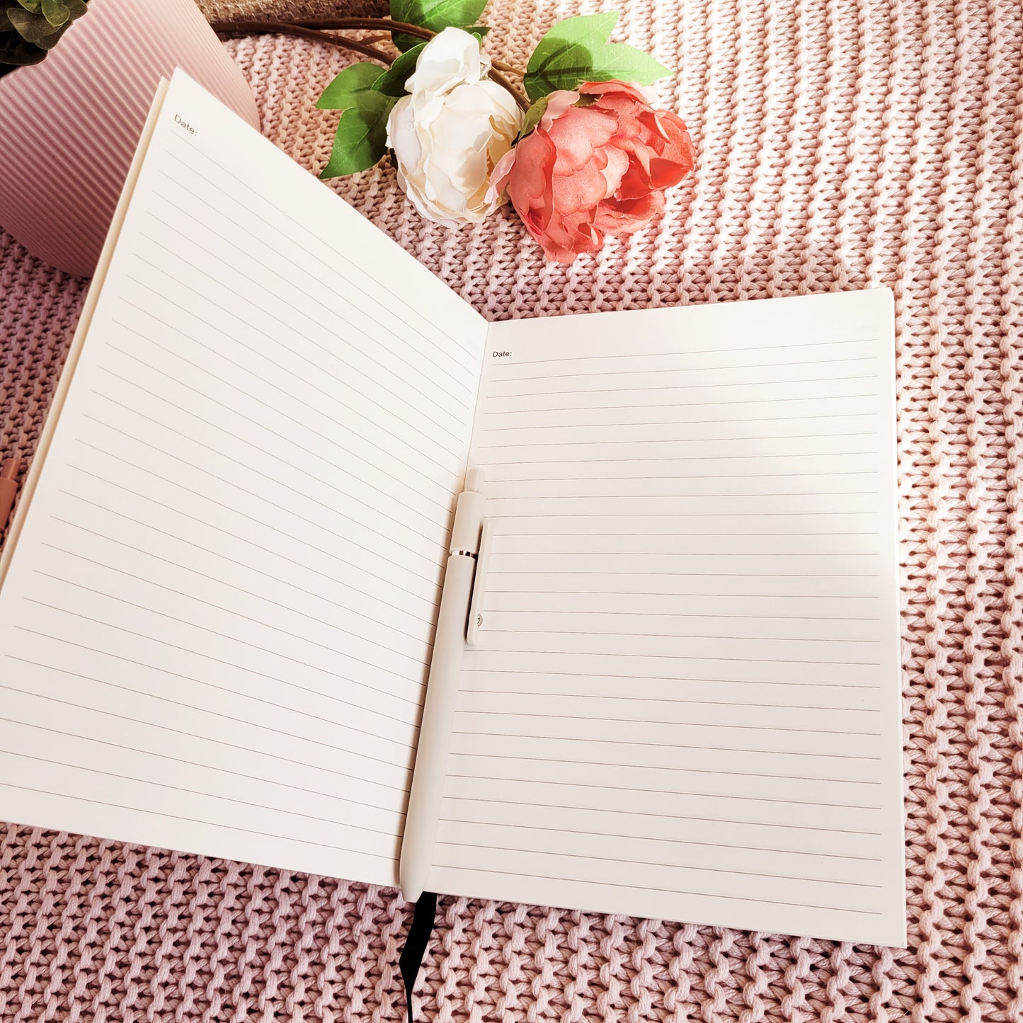 Self-Love_Gift_Set - Self-love journal prompts book, faux leather notebook, open to show lined pages and beige pen