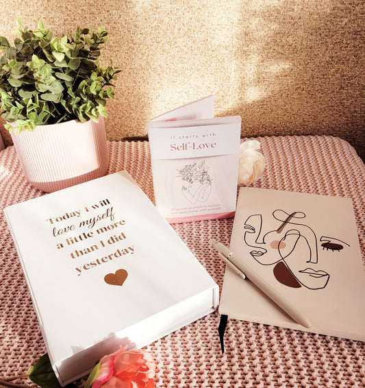 Self-Love_Gift_Set - book box with affirmation "Today I will love myself a little more than I did yesterday", Self-love journal prompts book, notebook with abstract faces cover, beige pen