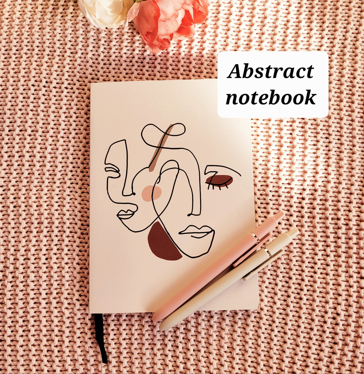 Self-Love_Gift_Set - Self-love journal prompts book, notebook with abstract faces cover, beige and pastel pink pen