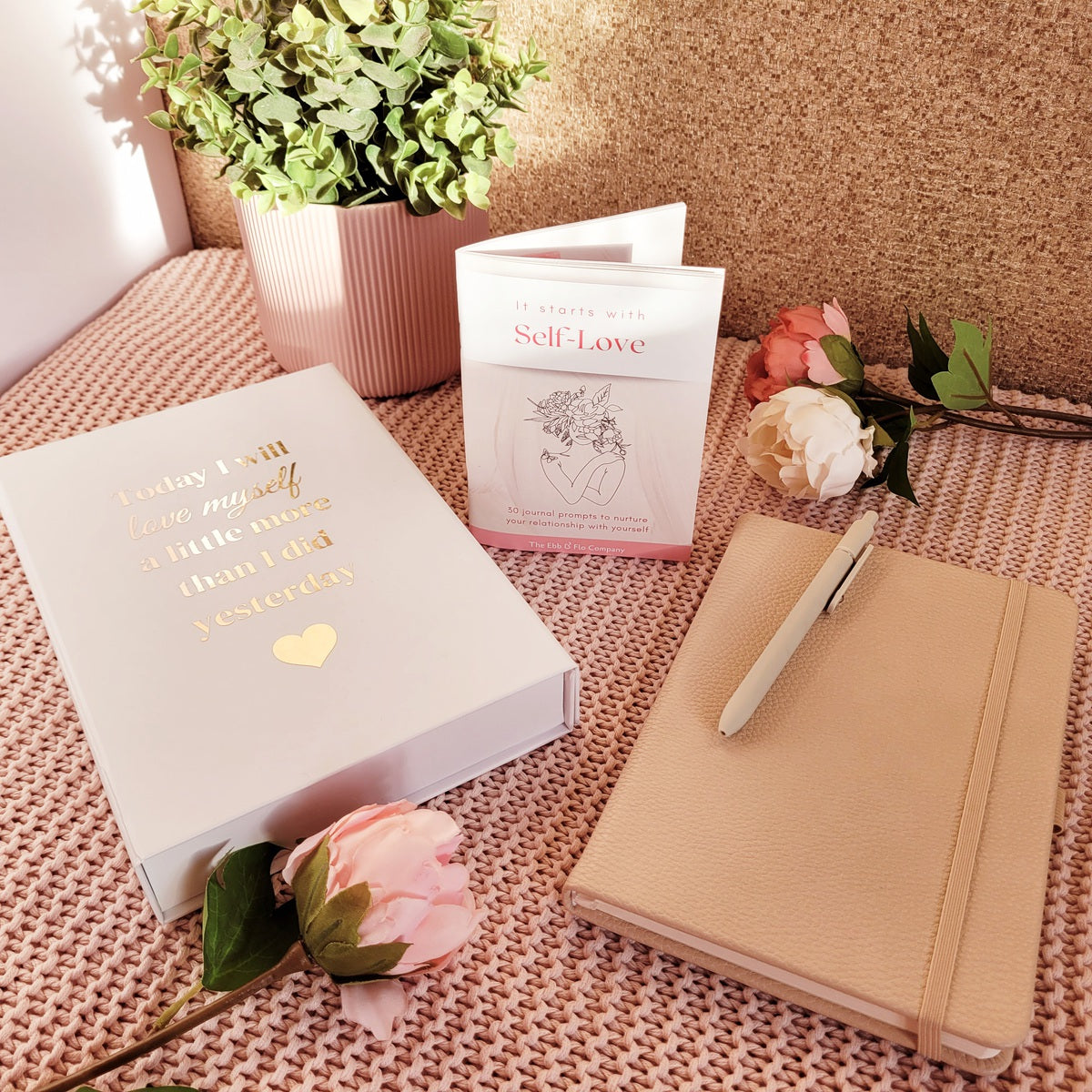 Self-Love_Gift_Set - book box with affirmation "Today I will love myself a little more than I did yesterday", Self-love journal prompts book, faux leather notebook, beige pen
